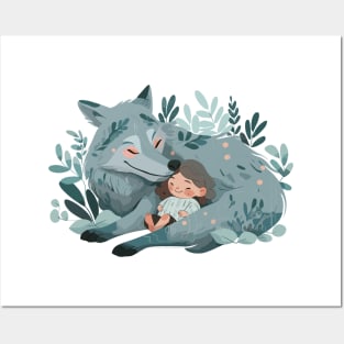 Cute Wolf Animal Loving Cuddle Embrace Children Kid Tenderness Posters and Art